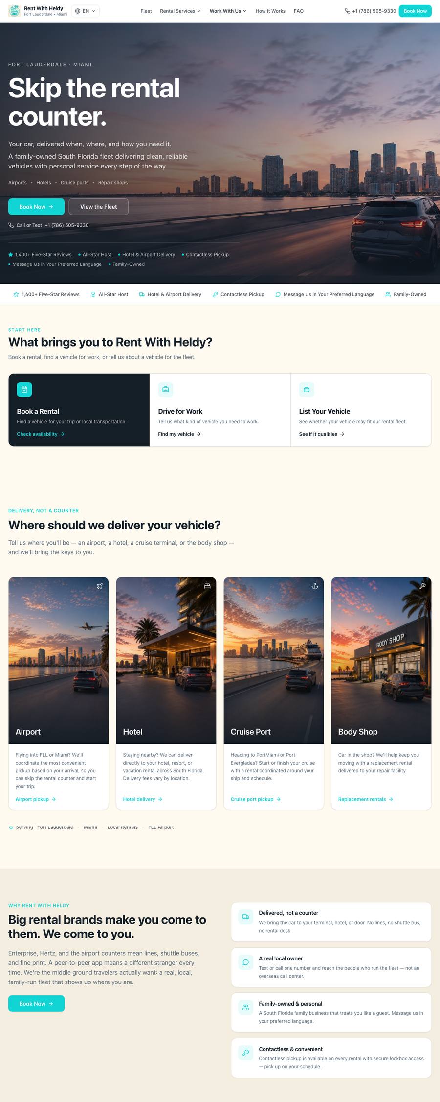 The Rent With Heldy homepage: hero with vehicle search and the three visitor paths