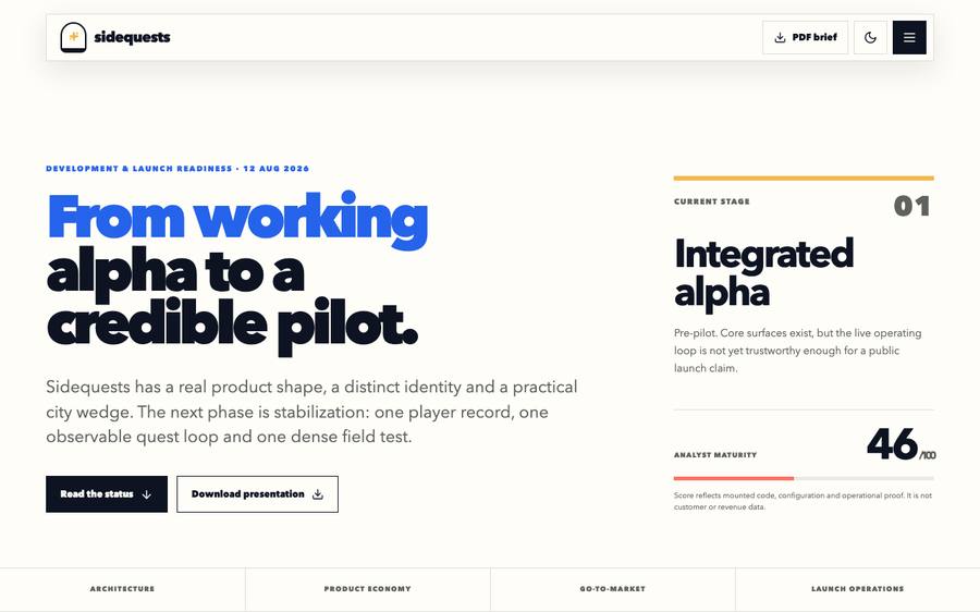 The sidequests site: display-scale editorial typography over a launch-readiness theme